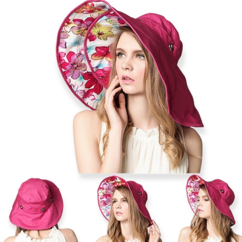 Pink Floral Reversible Wide Brim Summer Sun Hat NWT - Picture 3 of 4